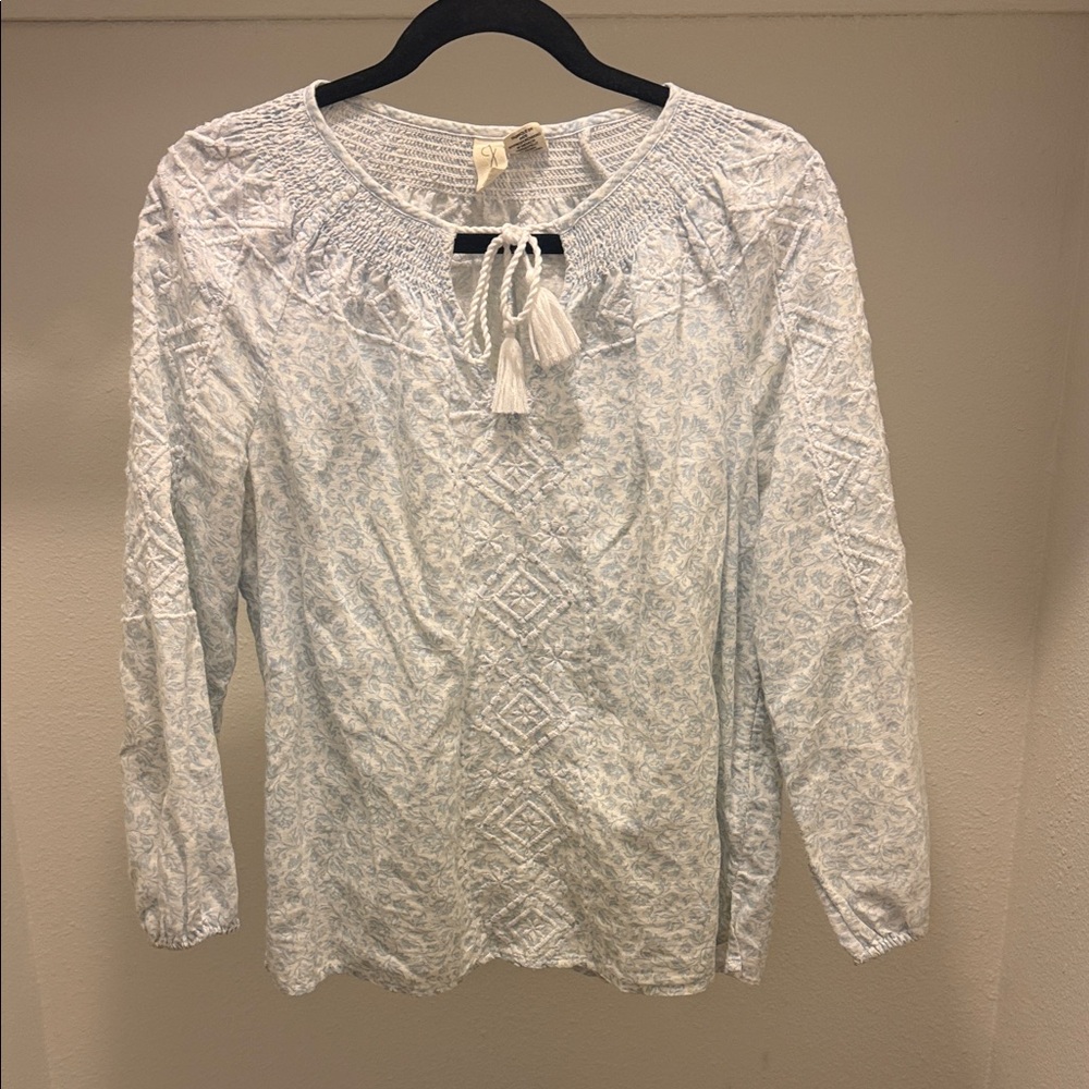 Joie Top Blouse Linen Blend Embroidered Floral Light Blue Sm Rushing Tassels